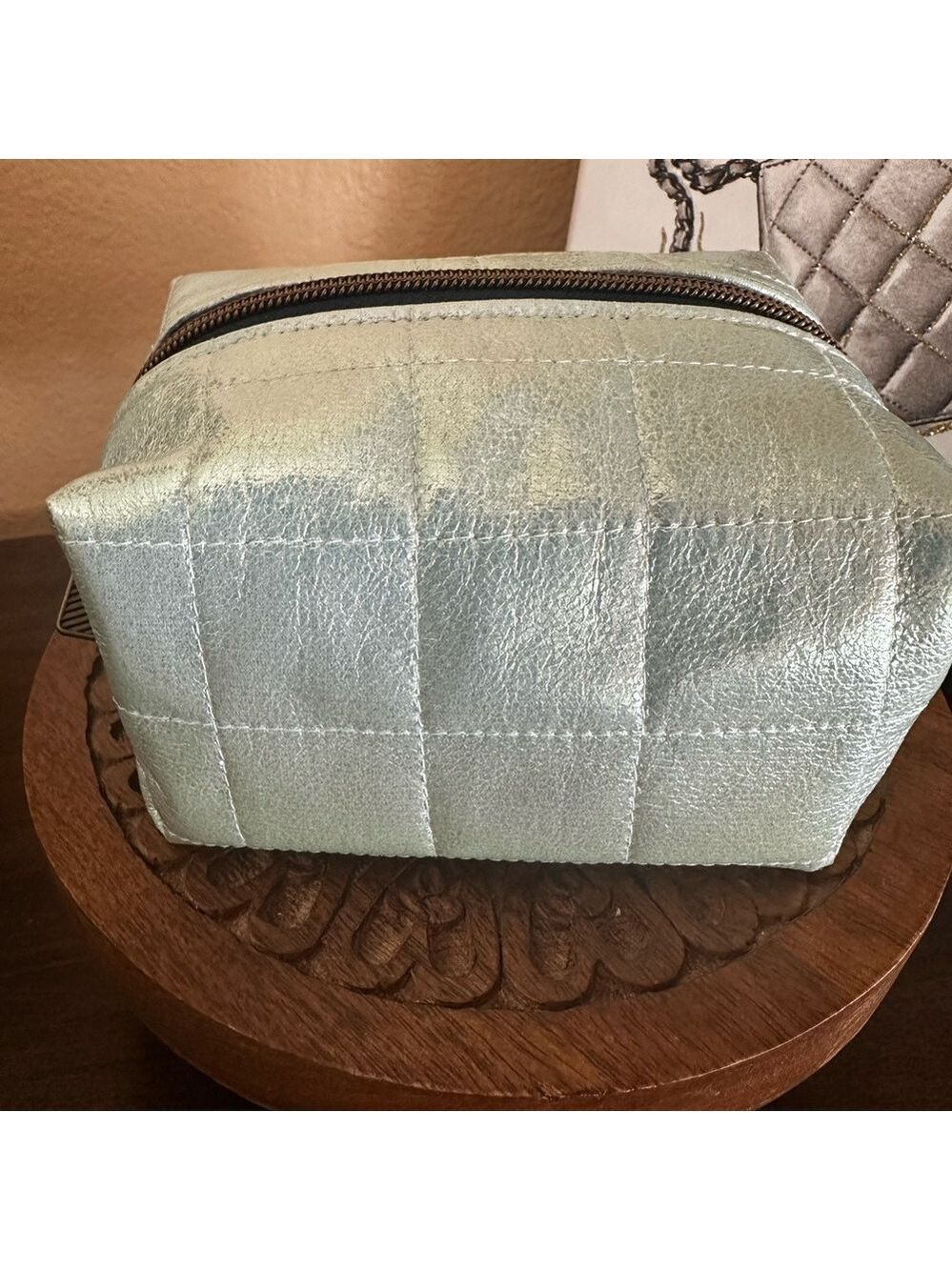Cosmetic Pouch- Quilted Sea Green Vinyl and Colorful Cotton Interior Handcrafted - Picture 4 of 4